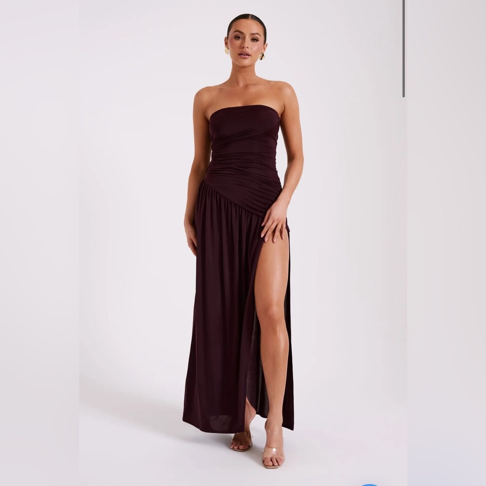 Brand new “Meshki Bex Strapless Slinky Dress with Split - Burgandy”